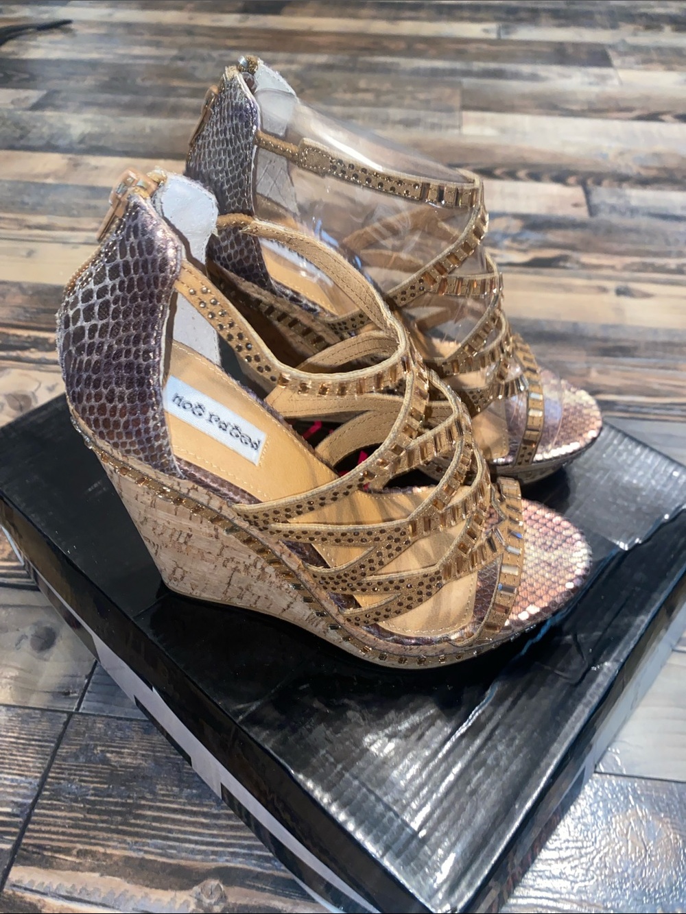 Not Rated Gold Snake-Print Cork Wedge Sandals